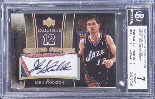 2005-06 UD "Exquisite Collection" Scripted Swatches #SSJS John Stockton Signed Patch Card (#13/25) - BGS NM 7/BGS 10